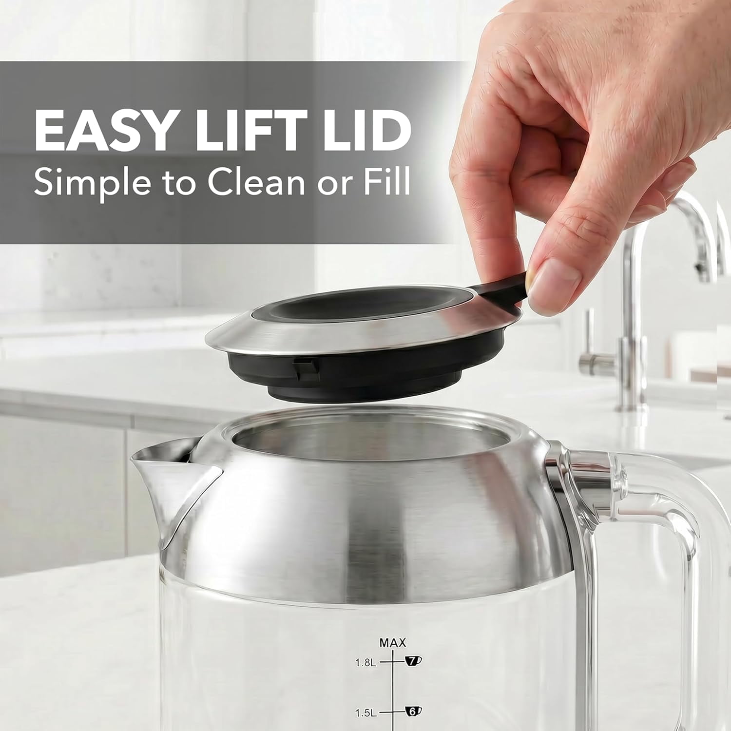 OVENTE Electric Kettle, 1.8L Glass Kettle Stainless Steel Base Water Boiler Electric with Acrylic Handle, 1500W Fast Boil Electric Kettle, Easy Fill Lid, Auto Shut-Off, Silver KG921S