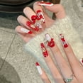 thumbnail image 2 of Christmas Press On Nails for Women Coffin Festive Christmas New Year Red Sparkling White Glitter Accents Best Wishes Design Medium French Tip, 2 of 9