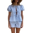 thumbnail image 3 of Michellecmm Women’s Casual 2 Piece Outfits Puff Sleeve Tie Knot Front Tops + Shorts Set Loungewear, 3 of 9