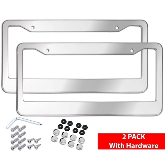 2-Pack Chrome Stainless Steel License Plate Frame, 304 Metal Tag Cover with Screw Caps & Hardware Kit, Rust-Resistant, Universal Fit for Car, Truck, Trailer (2-Hole & 4-Hole Compatible)