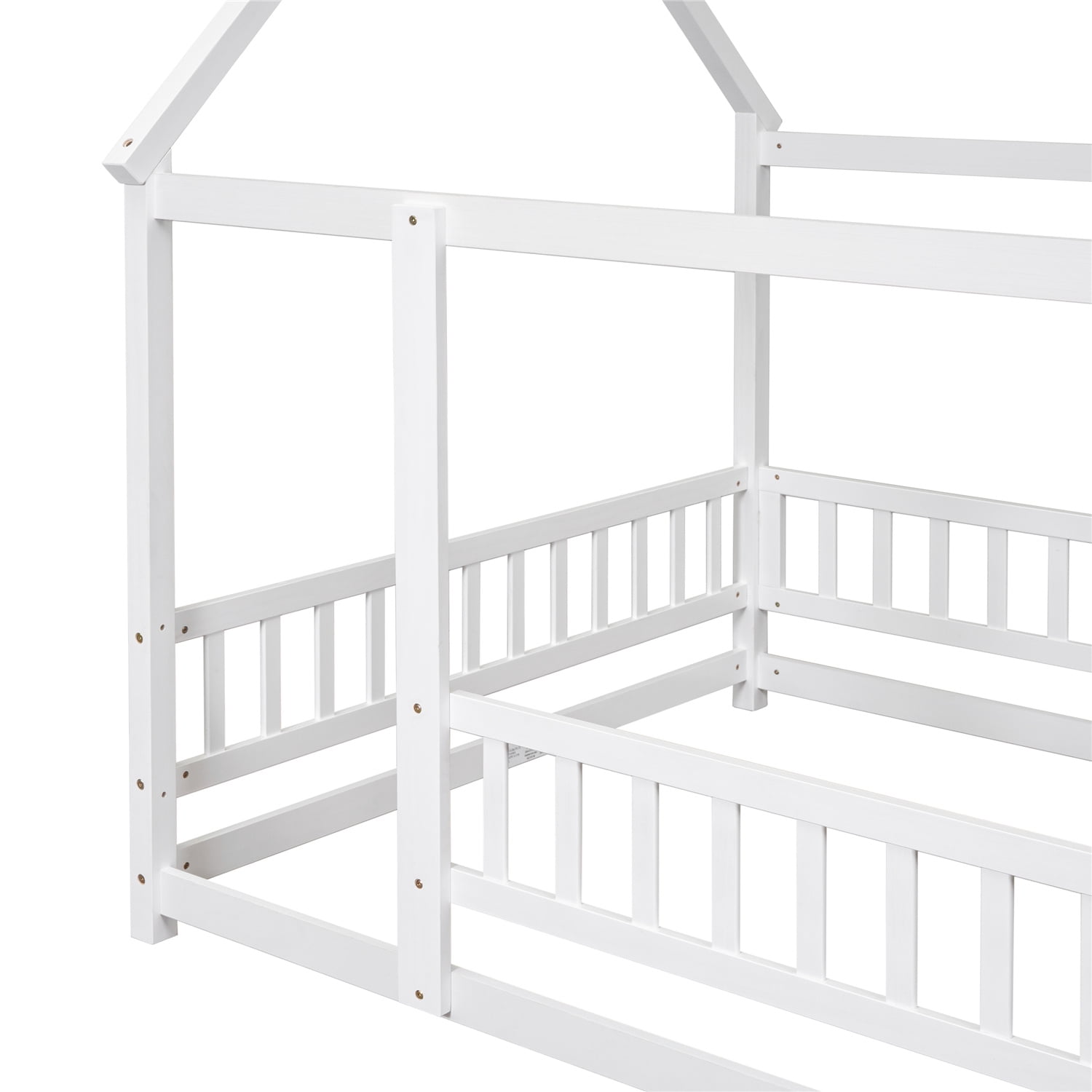 Full Size Floor Bed with Fence and Door, Wooden Low Floor Bed Frame with Safety Guardrails and House Roof Frame, Montessori Platform Beds for Kids, Boys, Girls, Mattress Not included, White