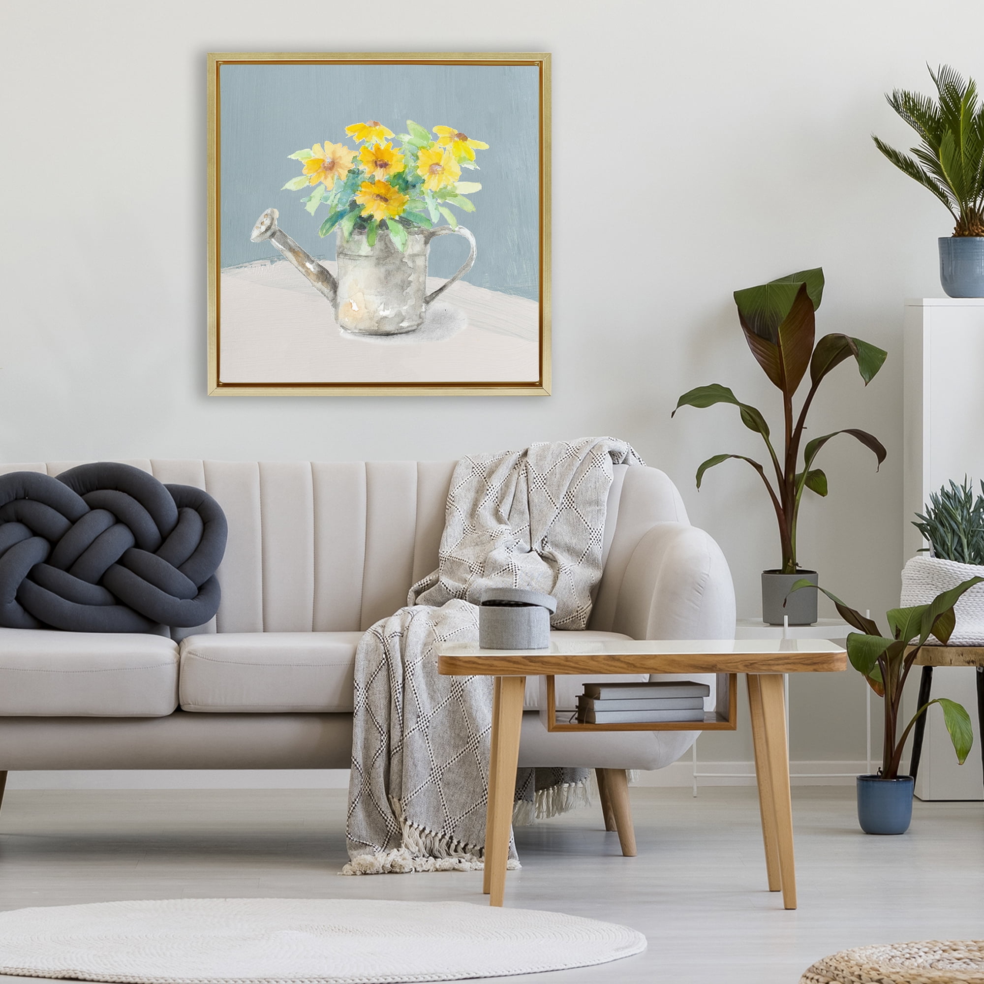 Stupell Industries Daisies in Watering Can Gold Framed Floater Canvas Wall Art, design by Lanie Loreth