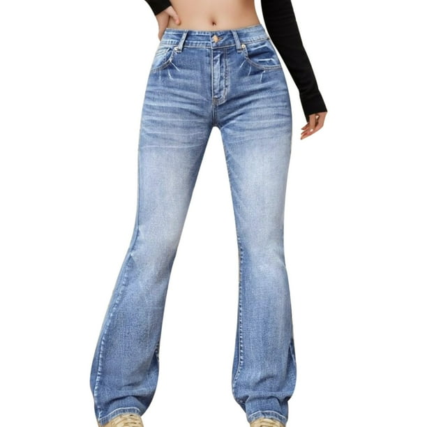 Gibobby Jeans dama Pantalones rectos sueltos de pierna ancha de cintura alta para mujer(Azul claro,CH)