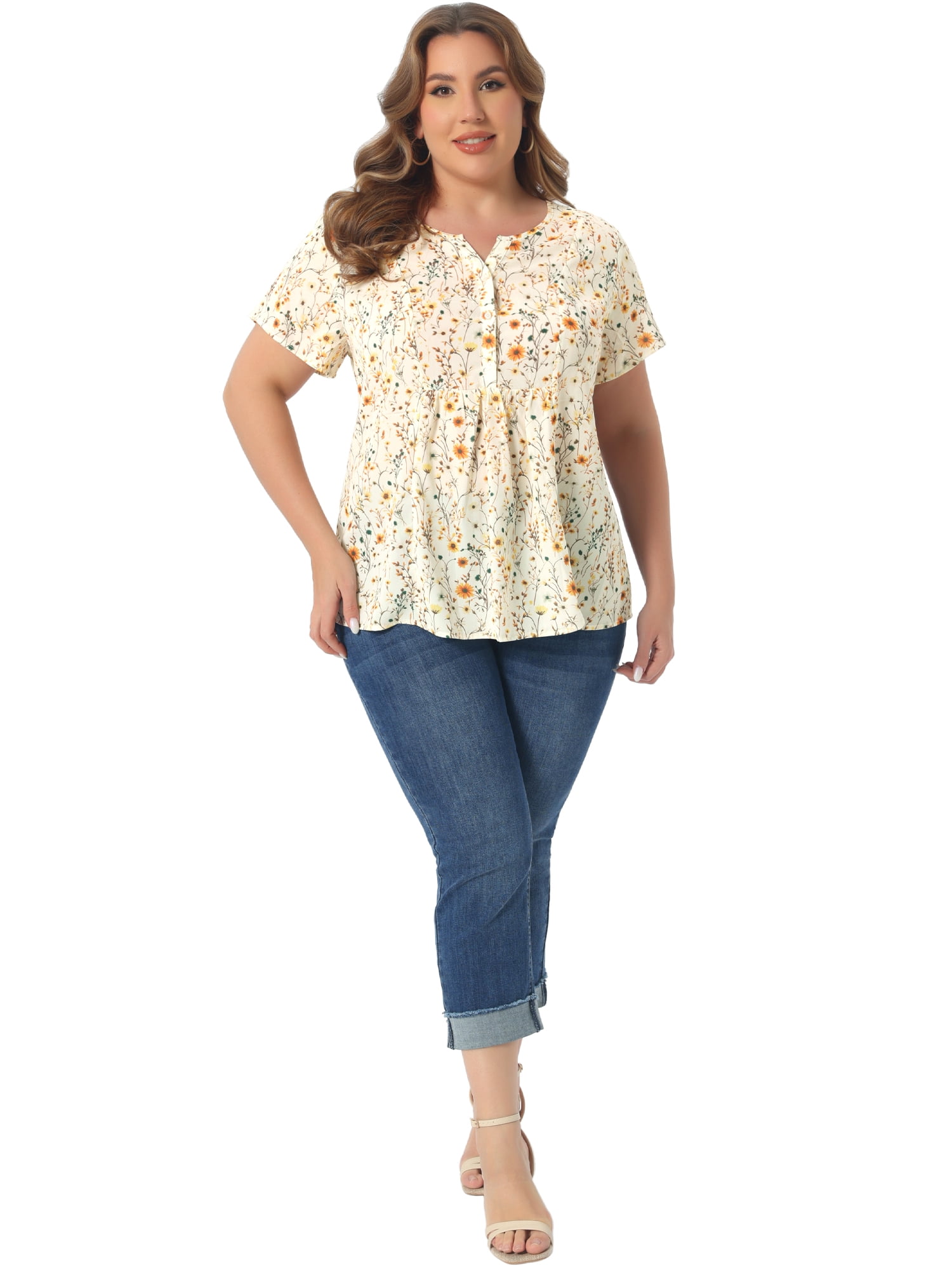 DARING DIVA Women's Plus Size Floral Half Placket Short Sleeve Blouses 3X Light Yellow