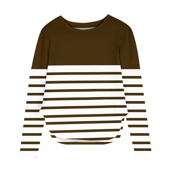 Khunlpohl 3-12 Years Girls Casual Shirts Crew Neck Striped Tunic Blouses Long Sleeve Loose Comfortable Tops for Kids