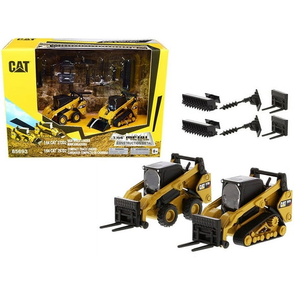 Set of 2 pieces CAT Caterpillar 272D2 Skid Steer Loader and CAT Caterpillar 297D2 Compact Track Loader with Accessories 1/64 Diecast Models by Diecast Masters