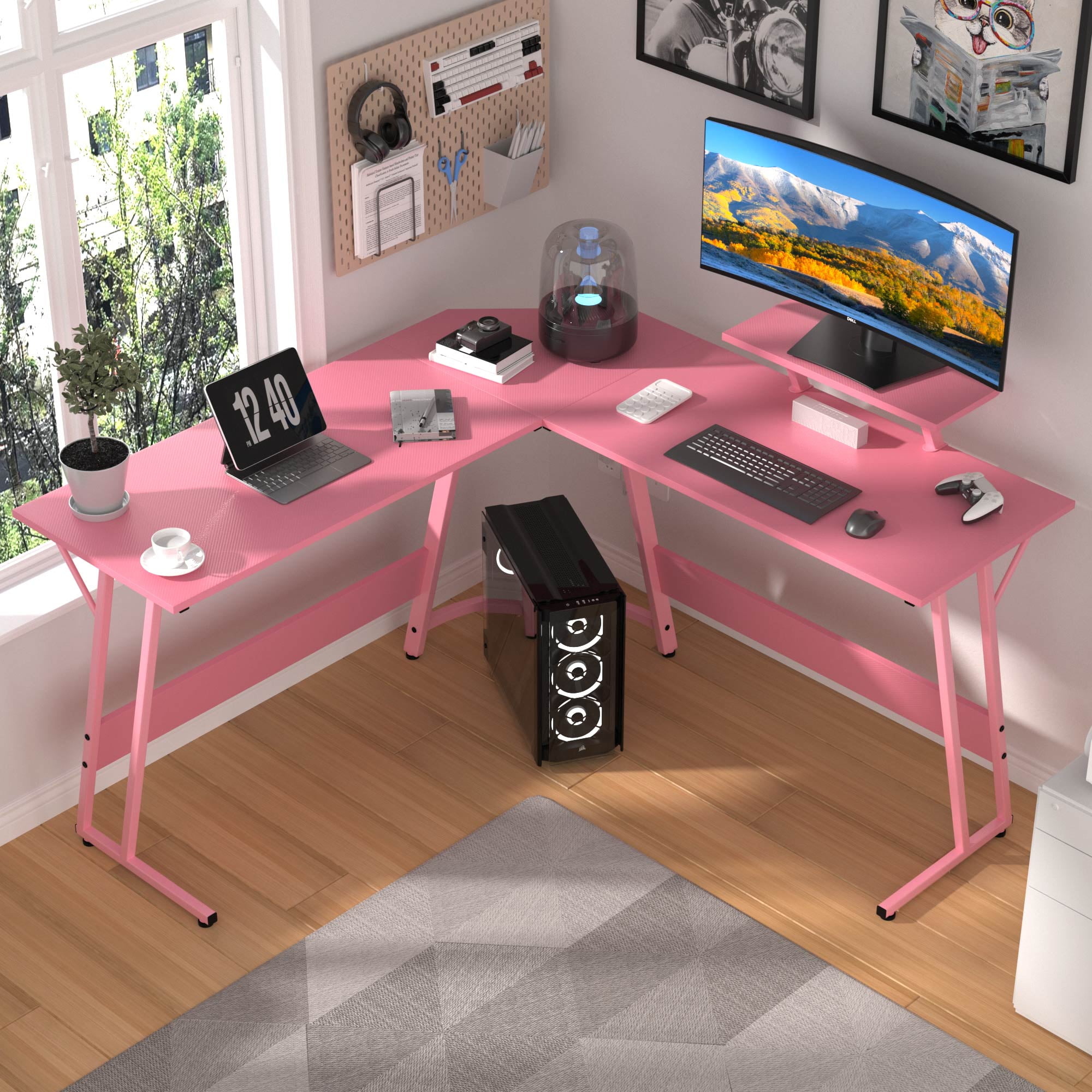 CL.HPAHKL L Shaped Gaming Desk, Computer Desk Corner Desk with Monitor Stand&Large Wooden Desktop, PC Gaming Desk Table for Home Office Sturdy Writing Workstation (Pink, 50 inch)