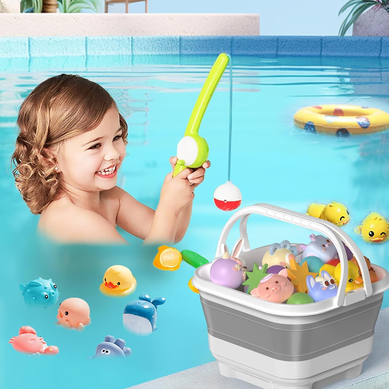 LC-dolida Bath Toy Storage Organizer, Foldable Bathtub Toy Holder Storage with Removable Base for Draining Drying, Bathroom Shower Toy Holder Baby Bath Toy Basket for Easy Storage (Gray)