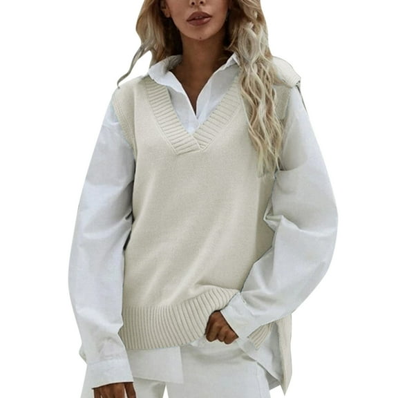 UJNDER Casual Sleeveless V Neck Ribbed Knit Sweater Vest for Women Split Pullover Blouse Beige One Size