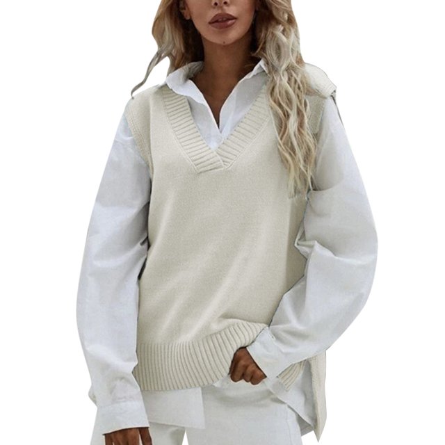 Women Casual Sleeveless V Neck Ribbed Knit Split Pullover Sweater Vest Blouse Tops