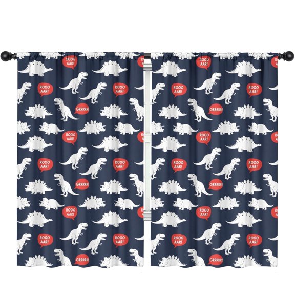 DarkBlue Cartoon Dinosaurs SpeechBubbles Insulated Teens Curtains Set Of 2, Bedroom Essentials, Toddler Room Decor 52"x84"