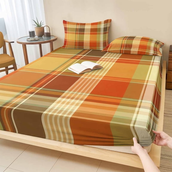 Twin Sze Fitted Sheet Set - Green Orange Plaid 2 Piece Bedding Sets 16" Deep Pocket Fitted Sheet with 1 Pillowcase, Fall Check Grids Modern Striped Brushed Microfiber Hotel Luxury Bed Sheets