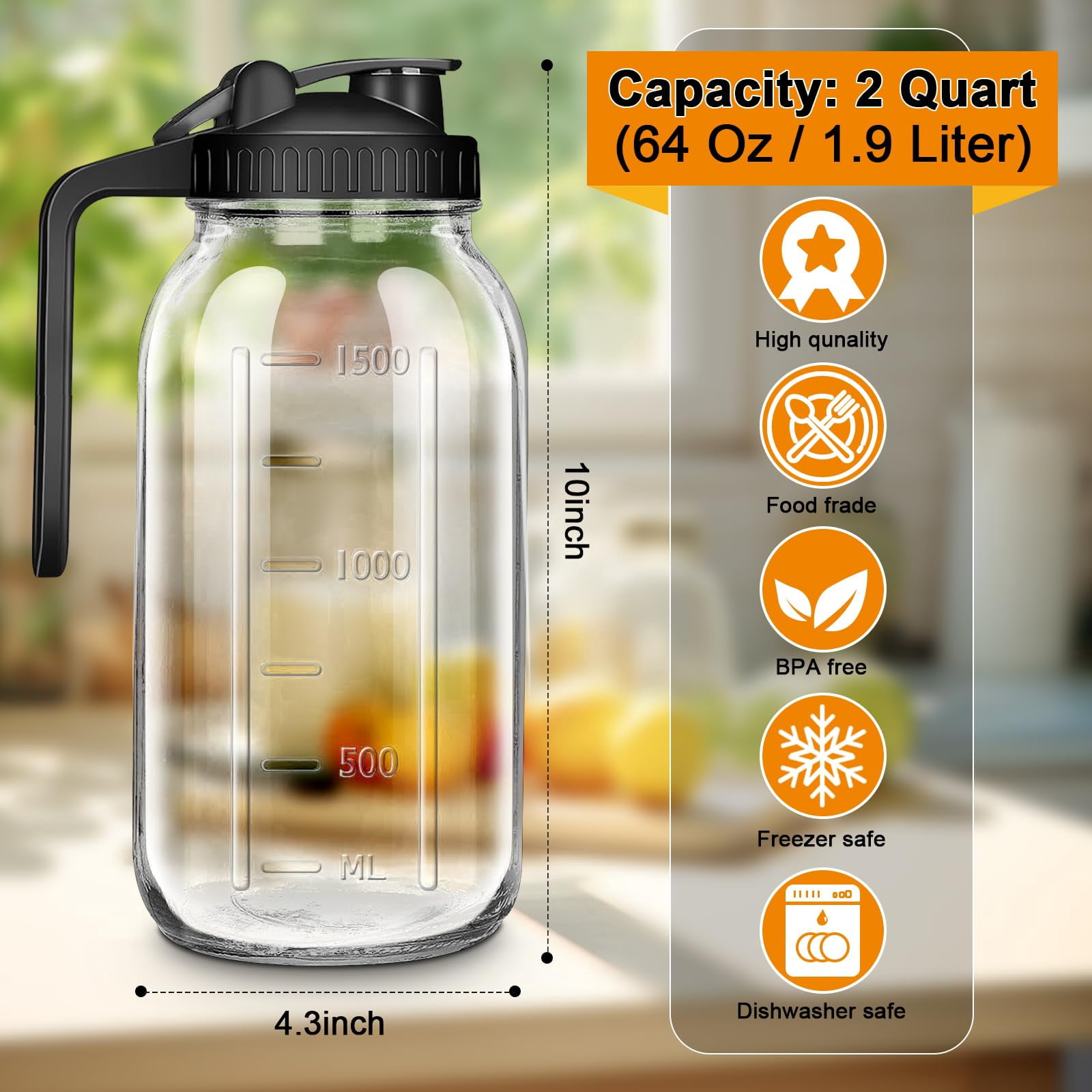 64oz Glass Pitcher With Lid  2 Quart Mason Jar Pitchers And Spout Wide Mouth Breast Milk Jug Sun Tea Cold Brew Coffee Fridge Container For Water Juice