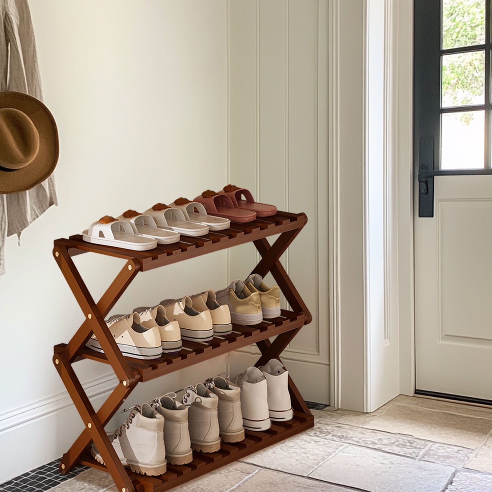 DAMAI 3 Tier Bamboo Shoe Rack,Portable Folding Multifunctional Free Standing Shoe Shelf Storage Shoe Storage Rack,Without Installation Small Shoe Rack Perfect for Corridors,Bedrooms and Small Spaces