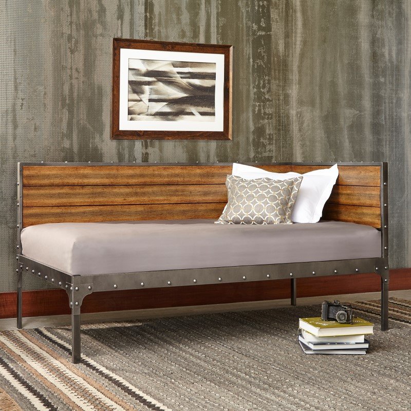 Fashion Bed Group Emmett Metal Corner Daybed with Reclaimed Wood Design and Height Adjustable
