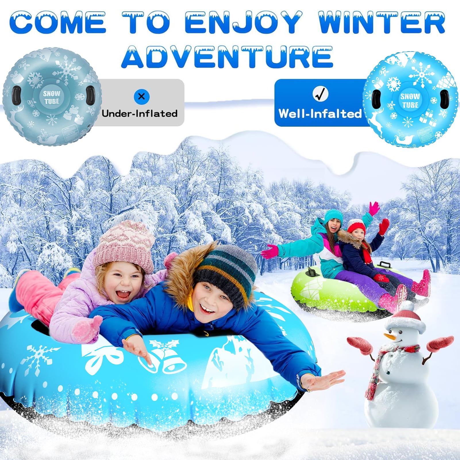 Snow Tube, 3Packs for The Whole Family Inflatable Snow Sled for Kids and Adult, Thickened Heavy Duty Hard Bottom Sleds for Snow with Handles, Winter Toys for Outdoor Sledding Snow Tube Sports