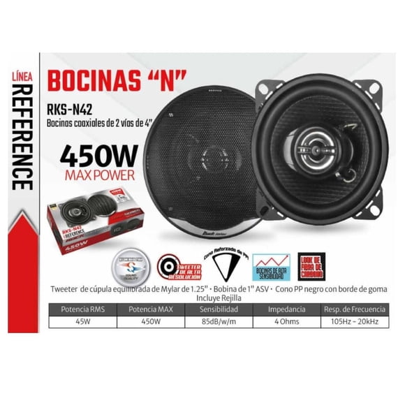 Bocinas Coaxiales Rock Series RKS-N42 450 Watts 4 Pulgadas 45 Watts RMS 2 Vías Rock Series RKSN42