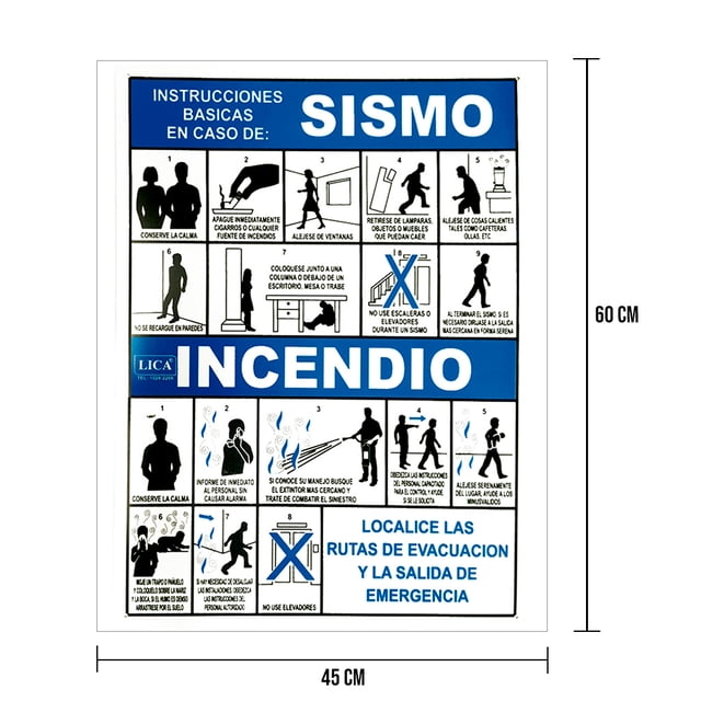 CARTEL INSTRUCIONES EN CASO DE SISMO E INCENDIO GRANDE LICA CARTELS-GA