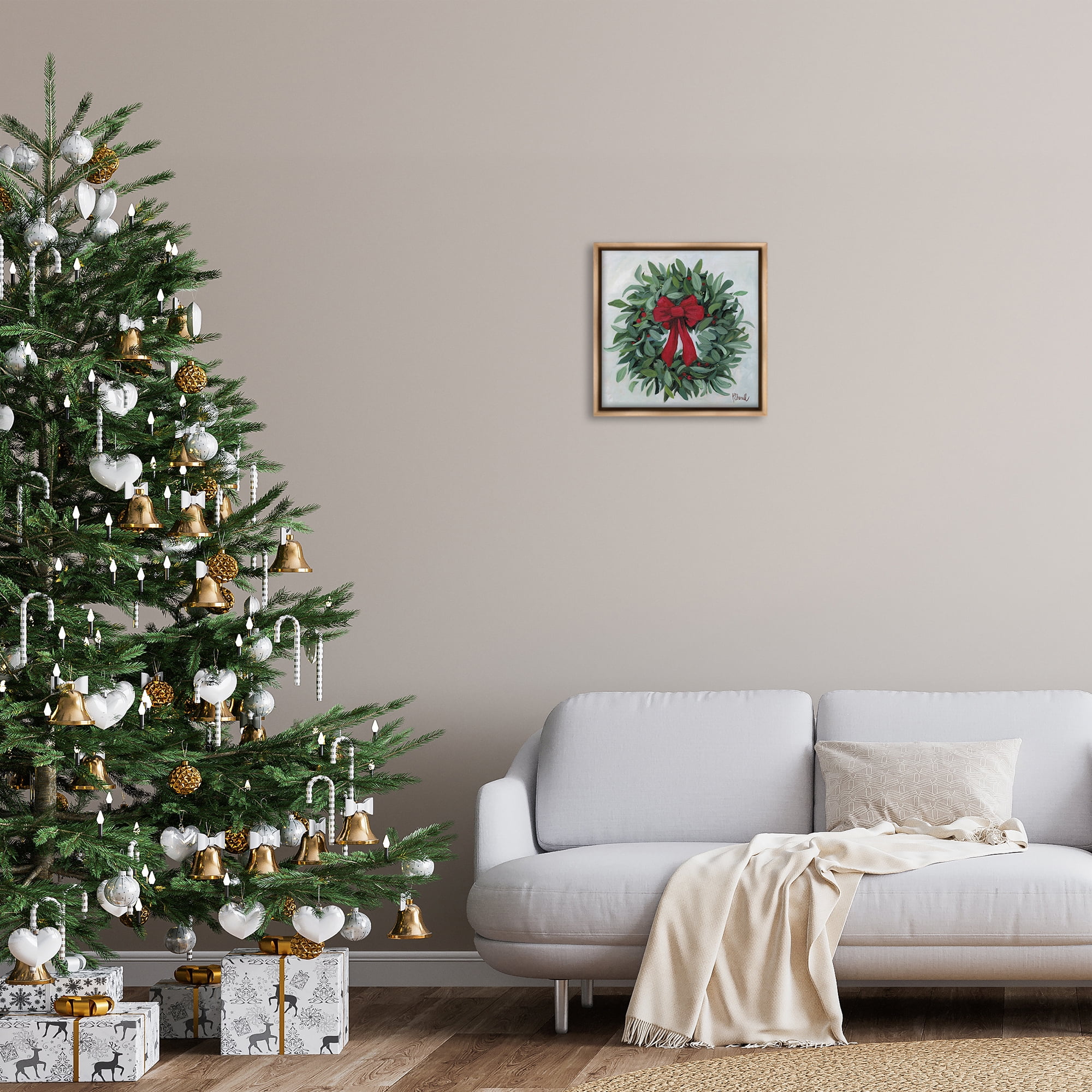 Stupell Industries Wreath with Red Bow Holiday Painting Brown Floater Framed Canvas Art Prints Wall Art, 18 x 18