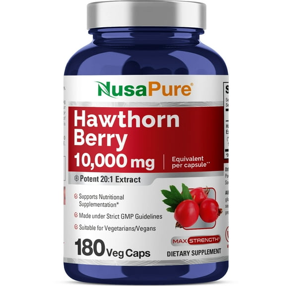 NusaPure 20:1 Hawthorn Berry Extract 10,000mg Capsule, 180 Veggie Caps, Non-GMO, Vegan, Boost Wellness & Promote Better Health, Dietary Supplement for Unisex Adult
