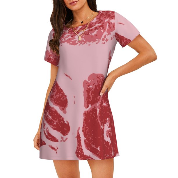 Fotbe Striped Meat Bata de Dormir para Mujer con Estampado, Camisón de Algodón de Manga Corta, Ropa de Dormir Casual
