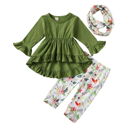 

Fanvereka 3 Pieces Girls Clothing Set Long Sleeve Ruffled Top + Floral Pants + Decorative Scarf