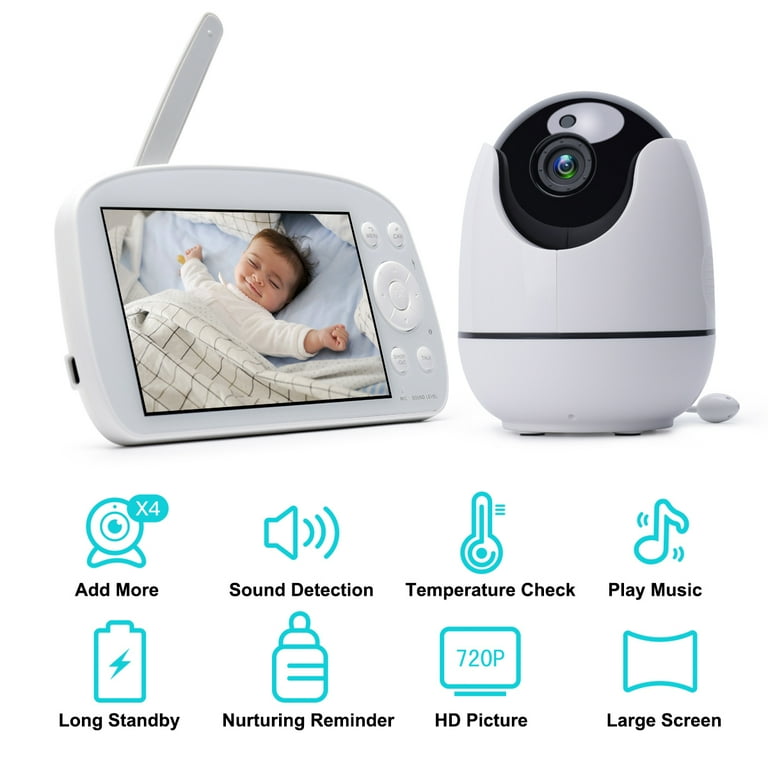 Baby Monitor 5 Large Display Video Baby Monitor with Remote Pan-Tilt-Zoom, Infrared Night Vision, Temperature Display, Lullaby, Two Way Audio