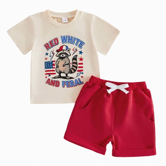 enyan 4th of July Baby Boy Outfit USA Flag Short Sleeve T-Shirt Shorts Red White And Feral Racoon Fourth of July Clothes Beige,2-3 Years