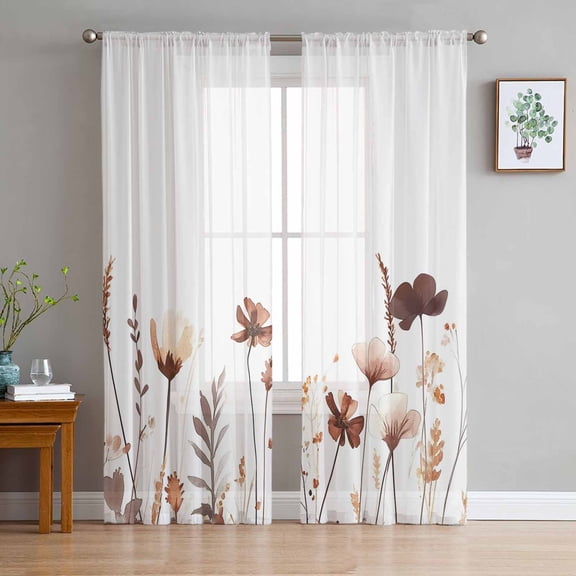 Brown Fall Floral Sheer Curtains 72 Inches Long 2 Panels Set, Window Sheer Curtains for Living Room/Bedroom, Vintage Botanical Autumn Flowers Light Filtering Rod Pocket Curtain 52'' x 72'' x 2