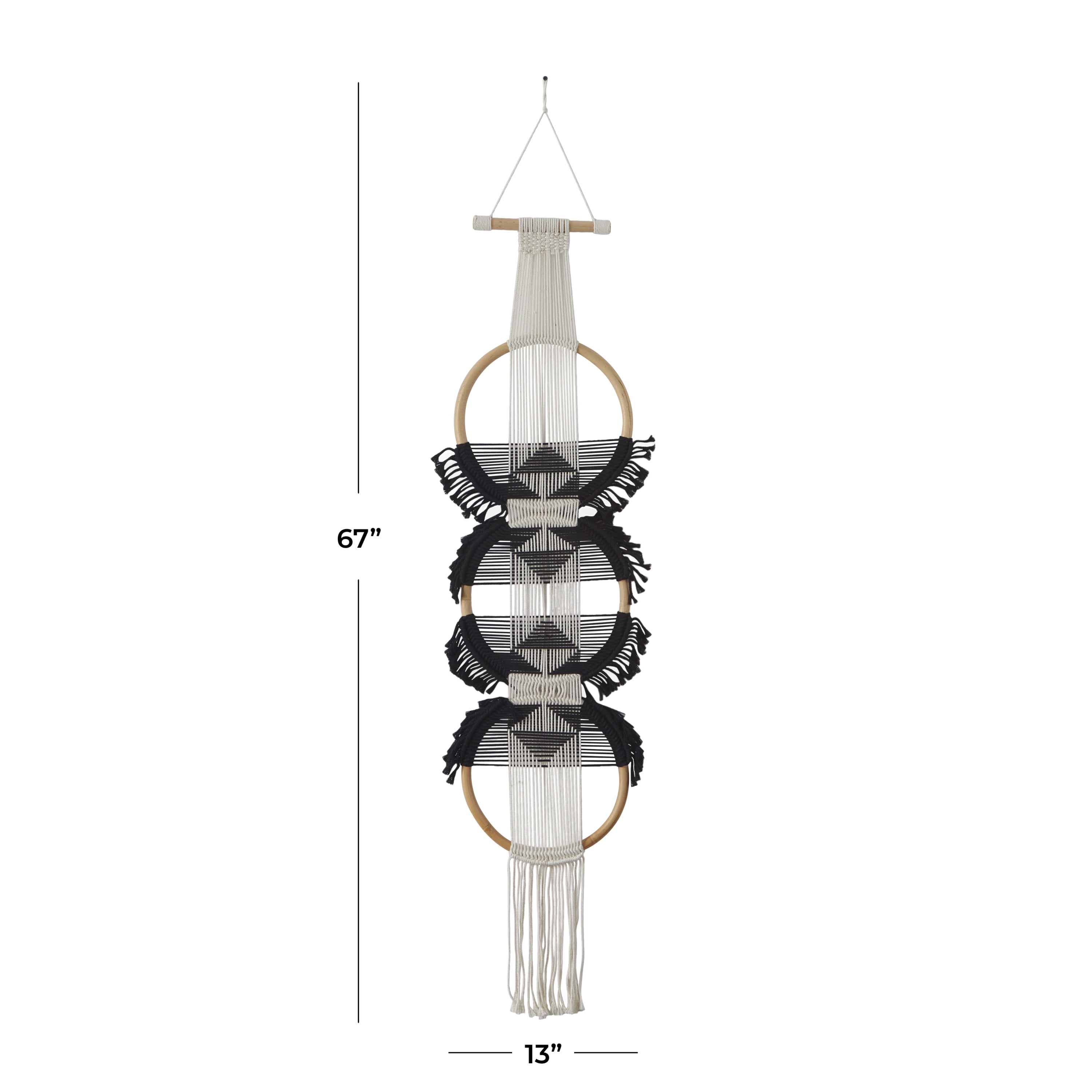 CosmoLiving by Cosmopolitan Black Cotton Fabric Macrame Handmade Intricately Weaved Home Wall Decor with Fringe Tassels, 13" x 1" x 67"