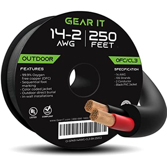 14 AWG CL3 Câble de Haut-Parleur Extérieur OFC, GearIT Pro Series 14 Gauge (250 Pieds / 76,2 Mètres / Noir) Cuivre Sans Oxygène UL CL3 Évalué pour l'Enterrement Direct en Plein Air et Câble de Haut-Parleur d'Installation dans le Mur