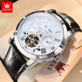 thumbnail image 1 of OLEVS Luxury Original Watch for Men Automatic Mechancial Wrist Watch Leather Strap Skeleton Waterproof Multifuncation Man Watch, 1 of 1