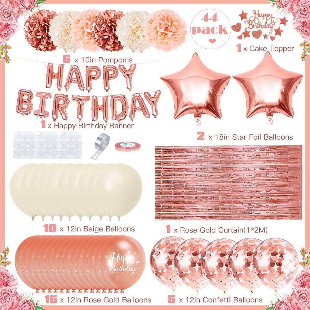 YANSION Birthday Decorations Women Rose Gold, Beige Rose Gold Birthday Balloons with Happy Birthday Banner Tablecloth Curtain Pompom Confetti Balloons, Girl Birthday Decorations