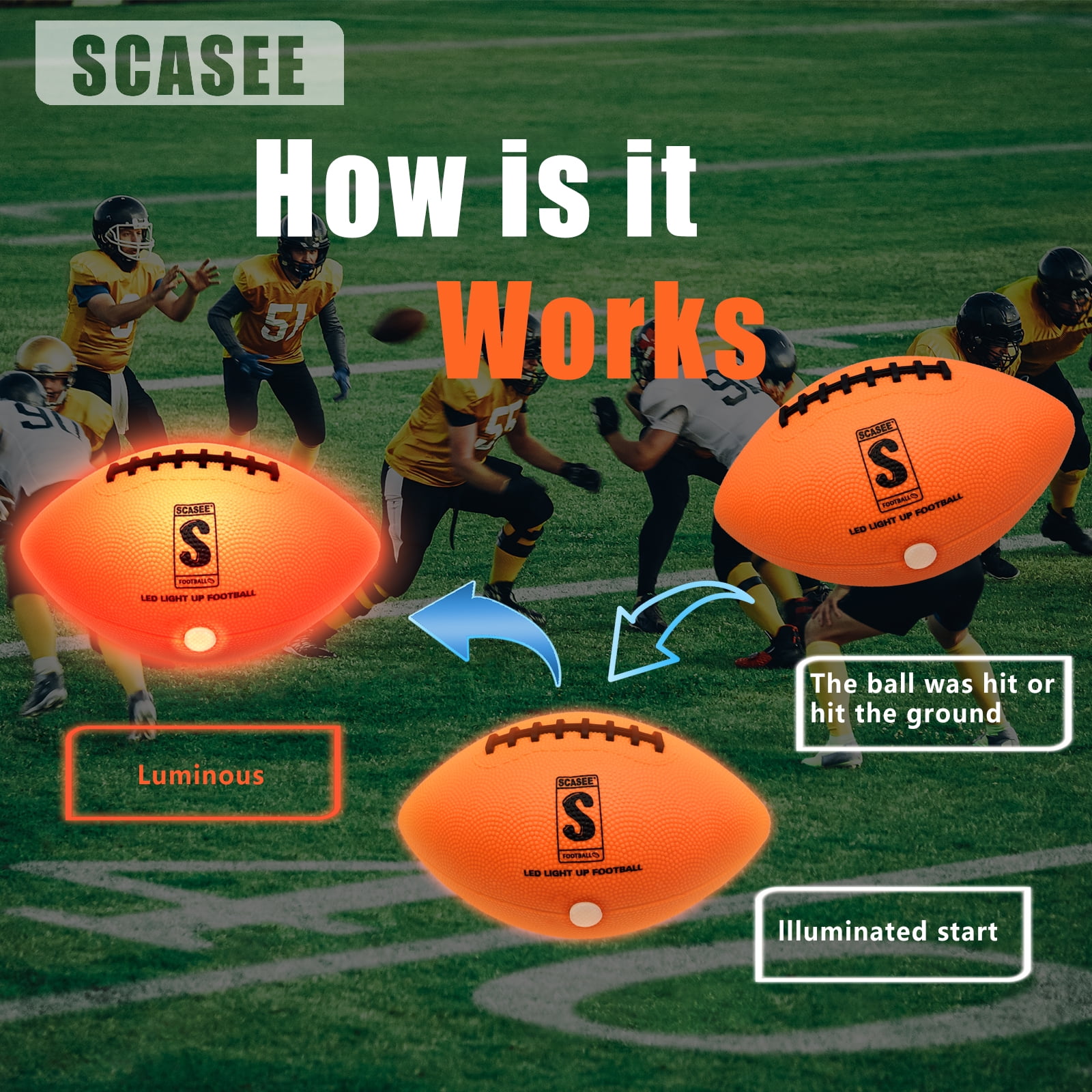 SCASEE Light Up Football - Youth Size 6 and Weight- Extra Pump and Batteries - Glow in The Dark Indoor or Outdoor Footballs with Bright Waterproof LED for Youth,Teen Boys and Girls
