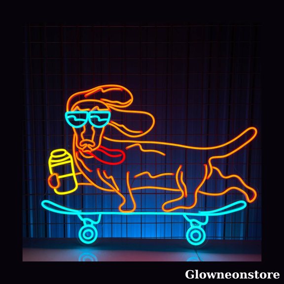 Glowneon Funny Dachshund Ride On Skateboard Neon Sign, Sausage Dog Sign, Skate Club Décor