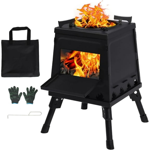 Wood Burning Camp Stove, Portable Cast Iron Camping Wood Stove, Black Woodstove with Carrying Case for Backpacking Outdoor Cooking