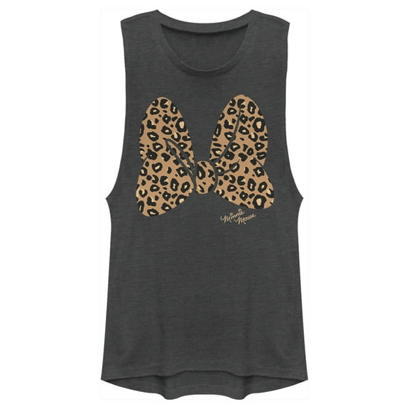 Junior's Mickey & Friends Cheetah Print Minnie Mouse Bow Festival Muscle Graphic Tee Charcoal X Large