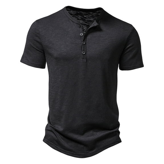 YYDGH Henley Shirts for Men Slim Fit Short Sleeve Basic T-Shirts Summer Solid Color Casual Tee Black S