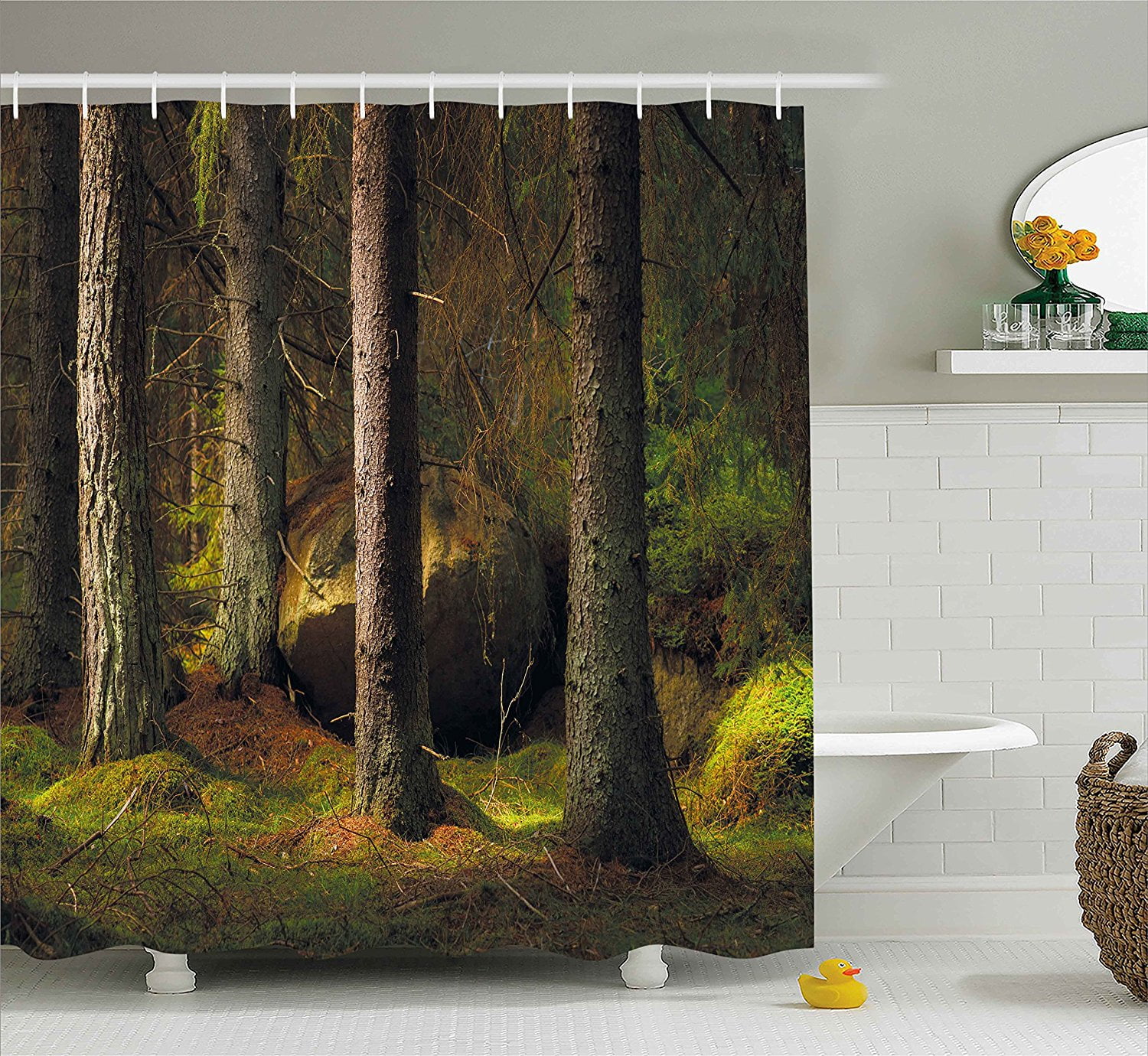 Ambesonne Magic Home Decor Collection Green Brown Polyester Fabric Bathroom Shower Curtain Set with Hooks Deep Dark in the Enchanted Forest with Magical Trees in Evening Light Mystical Theme