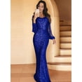 thumbnail image 3 of Women Sequin Formal Evening Party Dress Sweatheart Bodycon Long Sleeve Maxi Gown Blue S, 3 of 5