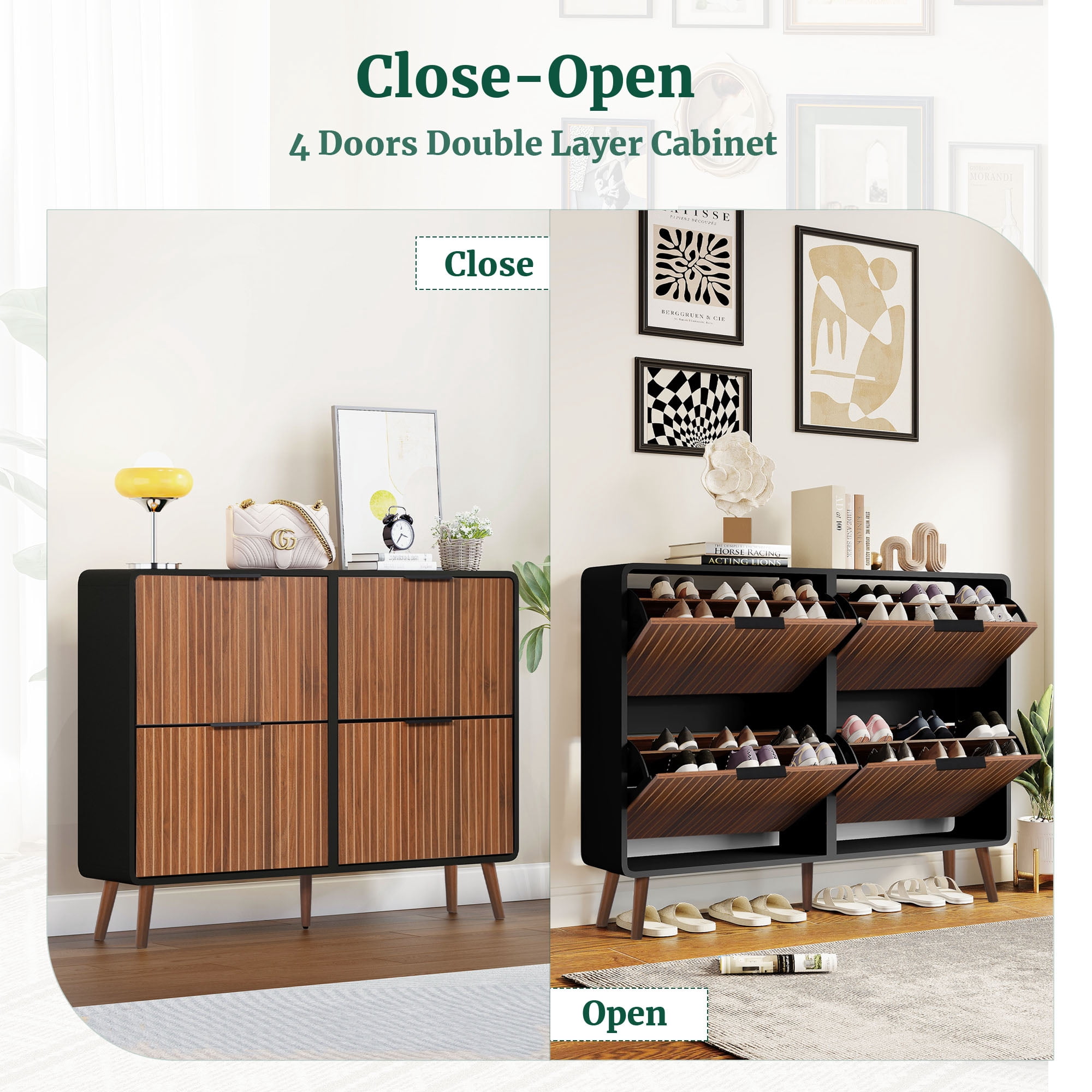 LEFHDA 47" Wide Fluted Large Shoe Cabinet with 4 Flip Drawers, 28 Pairs Slim Freestanding Shoe Cabinet Organizer, Narrow Shoes Storage Rack for Entryway, 5 Sturdy Legs (Walnut)