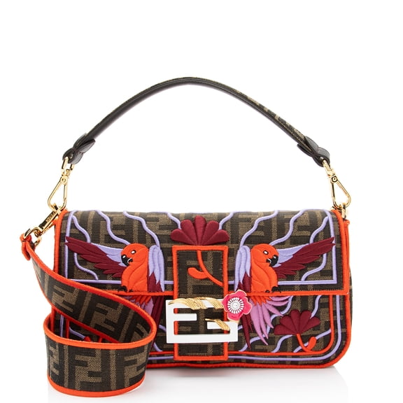 Pre-Owned Fendi Zucca Embroidered Bird Baguette Shoulder Bag