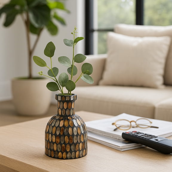 Mosaic Glass Vase for Living Room and Home Decor - Decorative Flower Vase for Bathroom, Bedroom, or Office Display - House Decor for Table Accent and Kitchen Counter Styling - 6", Bronze & Copper