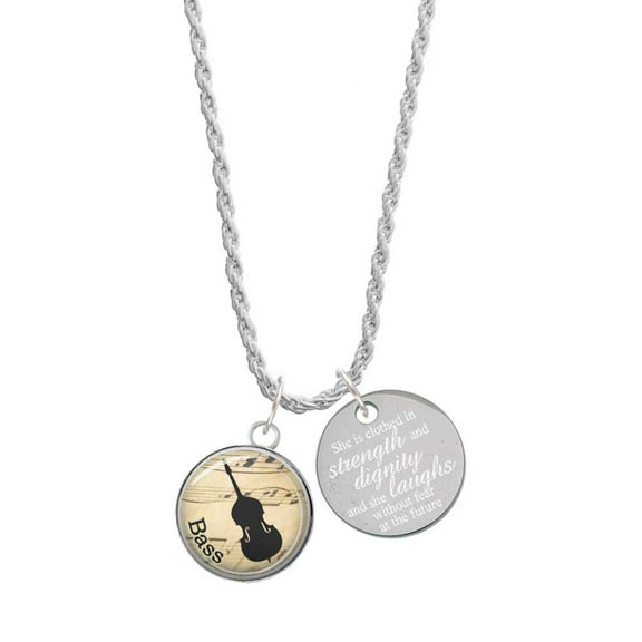Delight Jewelry Silvertone Domed Music - Bass She is Clothed in Stength and Dignity Charm Necklace, 20" 3"