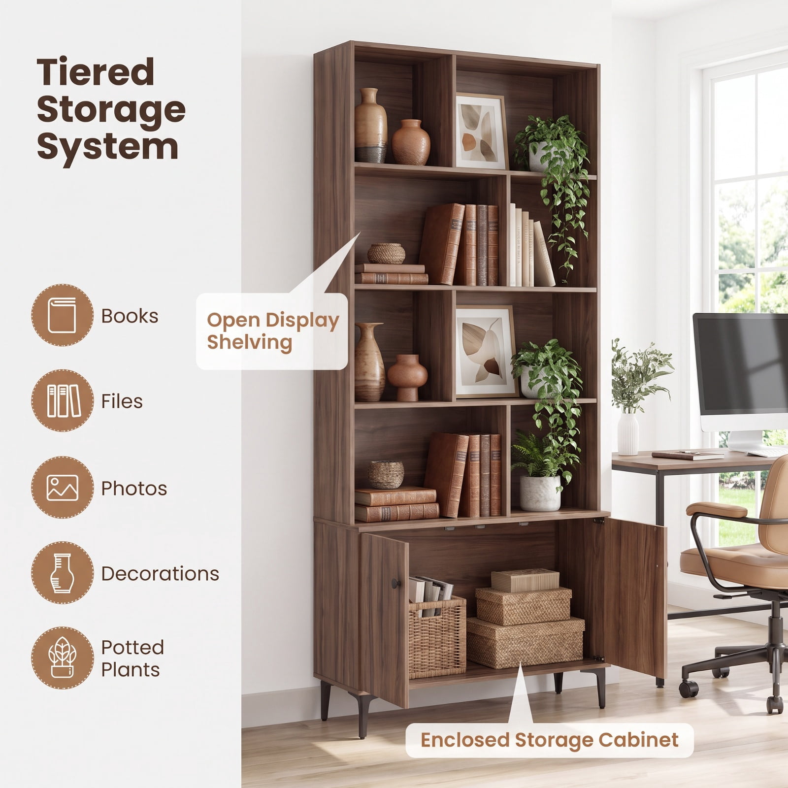 Furnibear Bookshelf with 3 Doors and 2 Anti-Tipping Kits for Home Office for Living Room Home Office Bedroom Display Storage Shelf, Walnut
