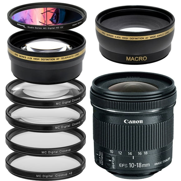 Canon EF-S 10-18mm f/4.5-5.6 IS STM Lens Filter Bundle - Includes: Professional Telephoto Lens Attachment + 0.43X Wide Angle Lens Attachment + 4PC Macro Lens Filter Set + Digital HD UV Filter &More