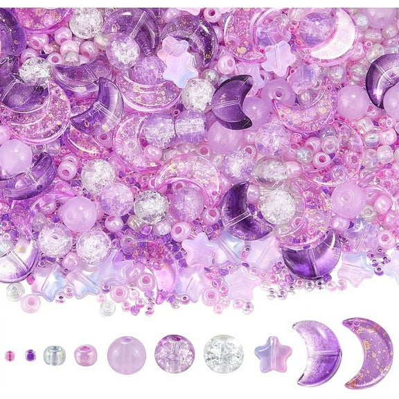 1 BOX about 1700 PCS Purple Transparent Glass Beads Kits Star and Moon Beads Bulk Cute Resin Round Seed Spacer Loose Bracelet Making Kit for Jewelry Making Bracelet Beading Kits DIY Crafts