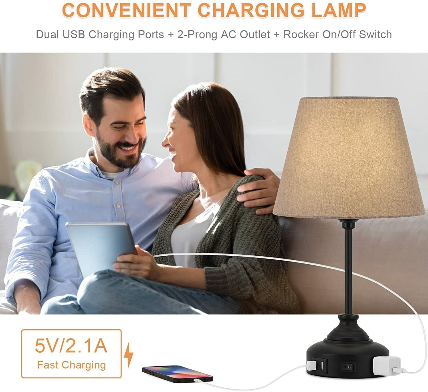 Set of 2 USB Table Lamps for Nightstand with Grey Lamp Shade Bedroom Nightstand