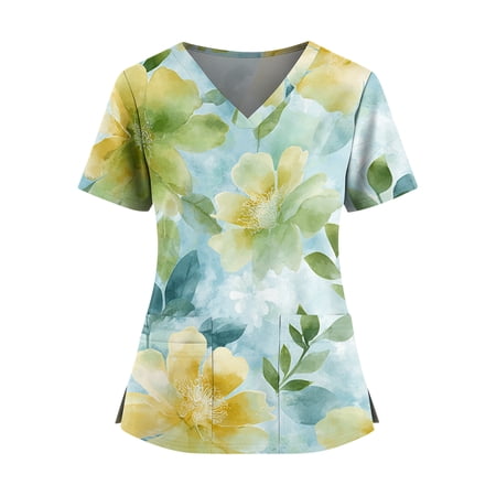 Iaqnaocc Women's Scrubs Plus Size Wrinkle-Resist Nursing Uniform Trendy V-Neck Floral Print Side Slits Scrub Shirt Ultra Soft Short Sleeve Medical Workwear with Pockets Yellow M