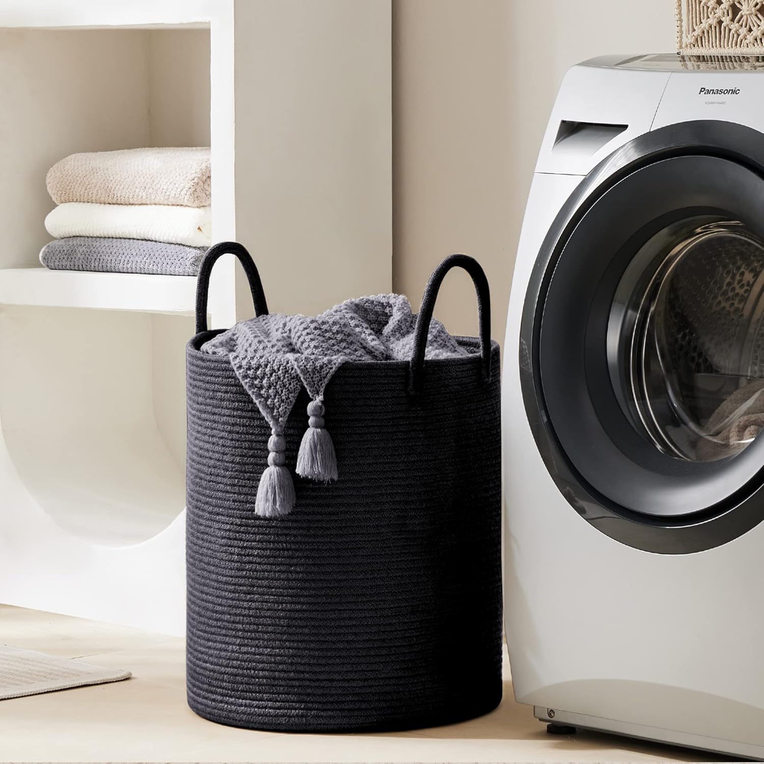 YOUDENOVA Laundry Hamper Basket, Woven 58L Tall Laundry Basket for Blanket Organizer- Nursery Hamper for Bedroom And Bathroom Storage
